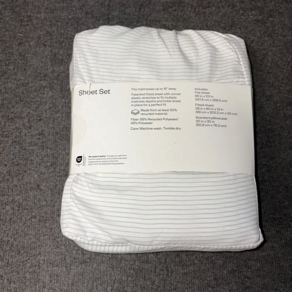 Twin Or XL Twin Size Bed Sheet Set, White W/Gray Pinstripes